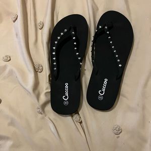 Flip flops, black with silver spikes